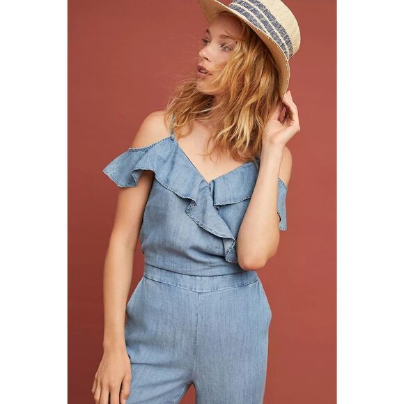 Anthropologie- Michael Stars Ruffled Open-Shoulder Jumpsuit - Picture 10 of 10